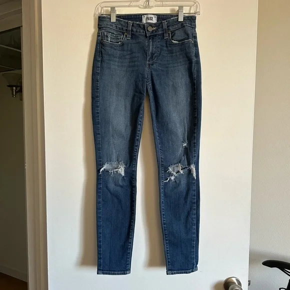PAIGE Blue Distressed Denim Verdugo Ankle Zoey Destructed Stretchy Skinny Jeans - Picture 1 of 9